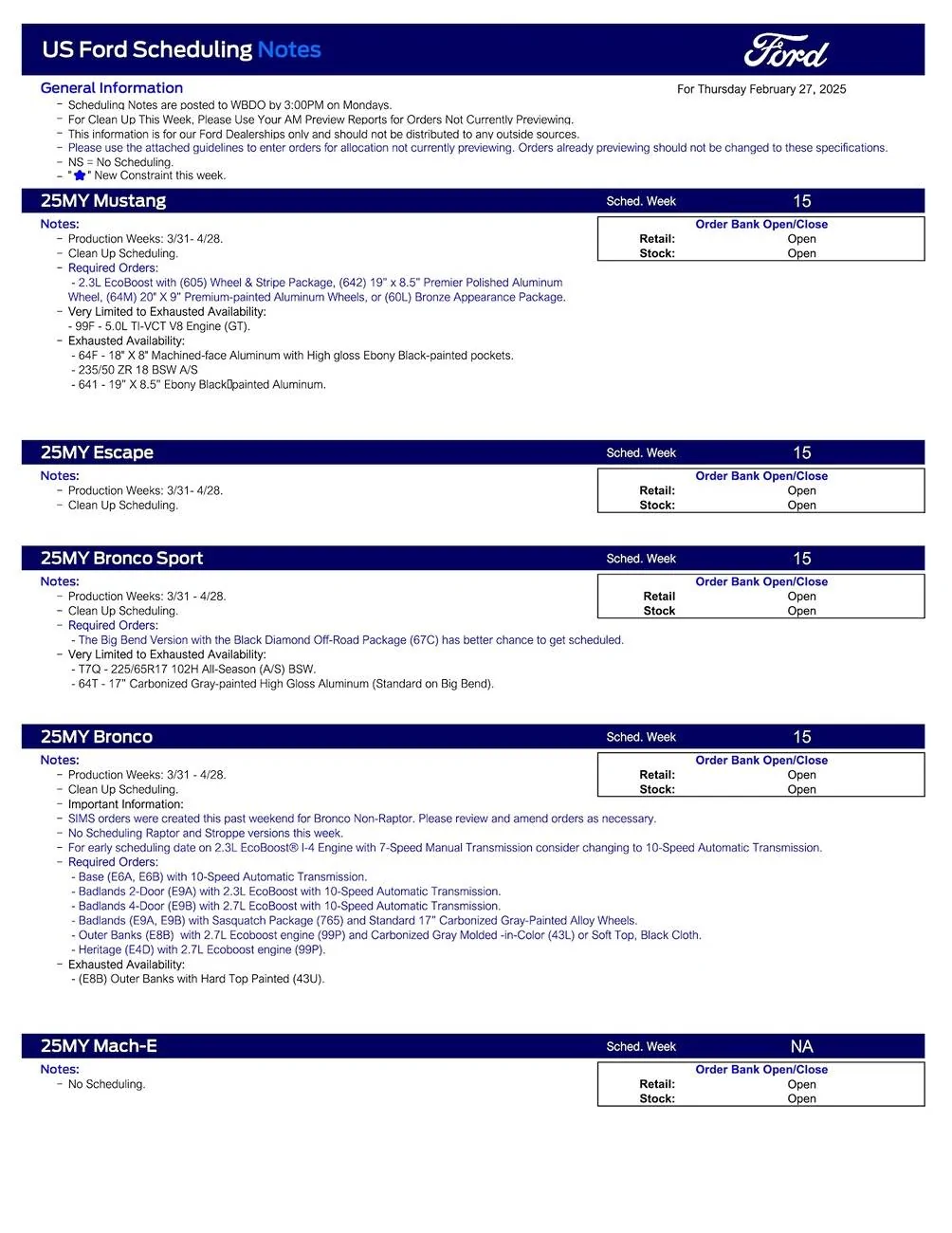 Ford Maverick 2025 Maverick Scheduling This Week (2/27/25) for Production Weeks 3/31 - 4/28 US Ford Scheduling Notes - 2.24.25-1