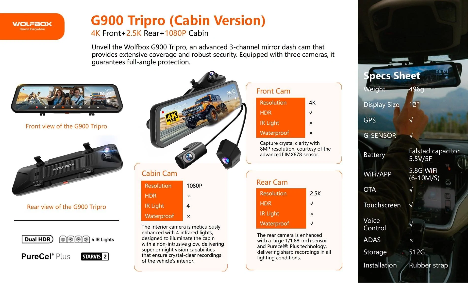 Ford Maverick New WOLFBOX 3-Channel Dash Cam - G900 Tripro Cabin Version! Up to $50 off! TP cabin version