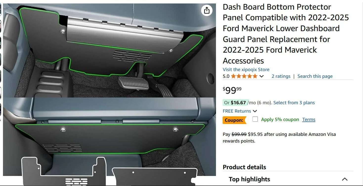 Ford Maverick Under Dash Kick Panel Protection Kick plate Amazin