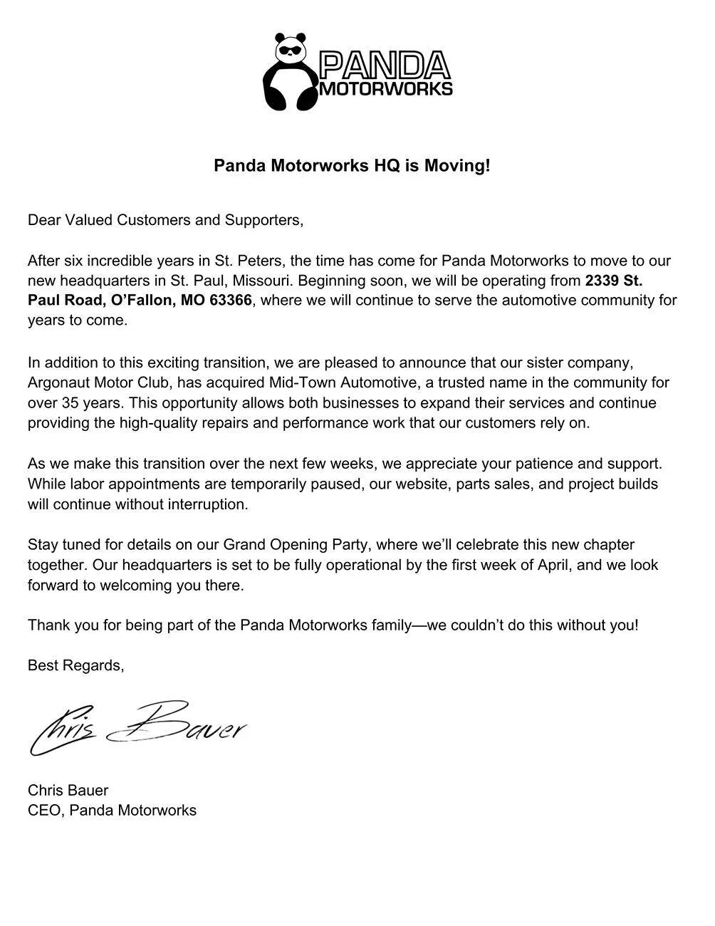 Ford Maverick Panda Motorworks Moving Sale! Moving Letter