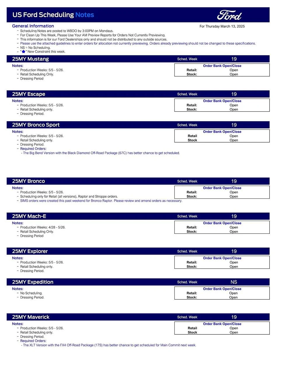 Ford Maverick 2025 Maverick Scheduling This Week (3/13/25) for Production Weeks 5/5 - 5/26 US Ford Scheduling Notes - 3.10.25-1