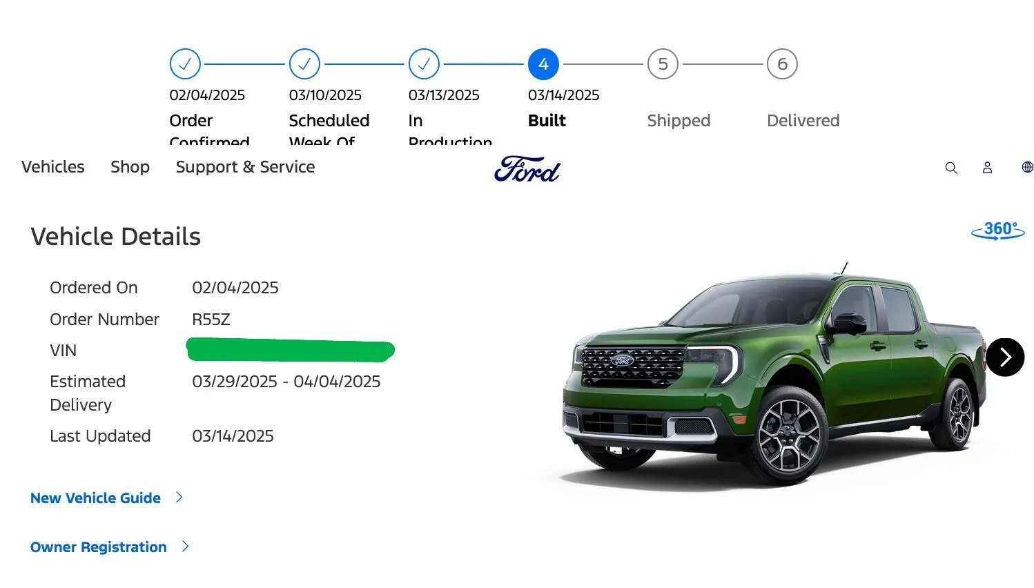 Ford Maverick New order - 2025 Lariat Eruption Green Screenshot 2025-03-15 at 07-37-13 Ford Vehicle Order Tracking Home Ford Owner Support ver 2