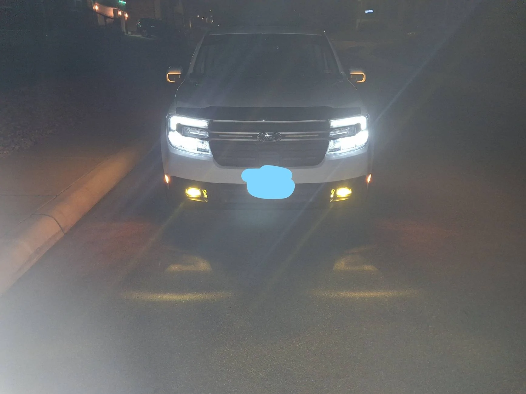 Ford Maverick Diode Dynamics Fog Lights Installed - Experience & Photos Night Time Outside View DD Fog Lights With Low Beam