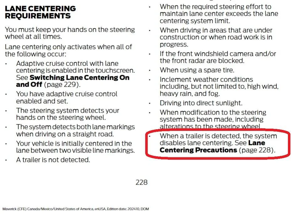 Ford Maverick Lane centering inop when trailer connected, dealer couldn't fix. Screenshot 2025-03-19 102707