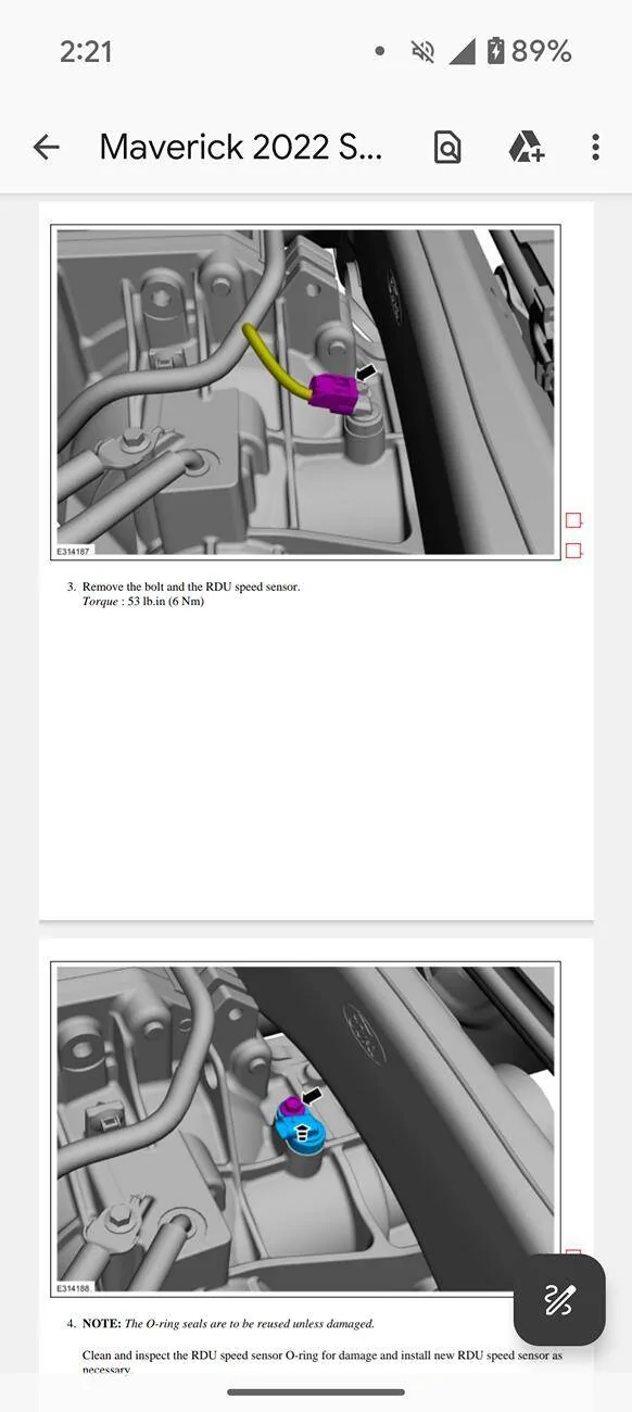 Ford Maverick 22 FX4 - part K2GZ9E731B (RDU speed sensor) location Screenshot_20250321-142106