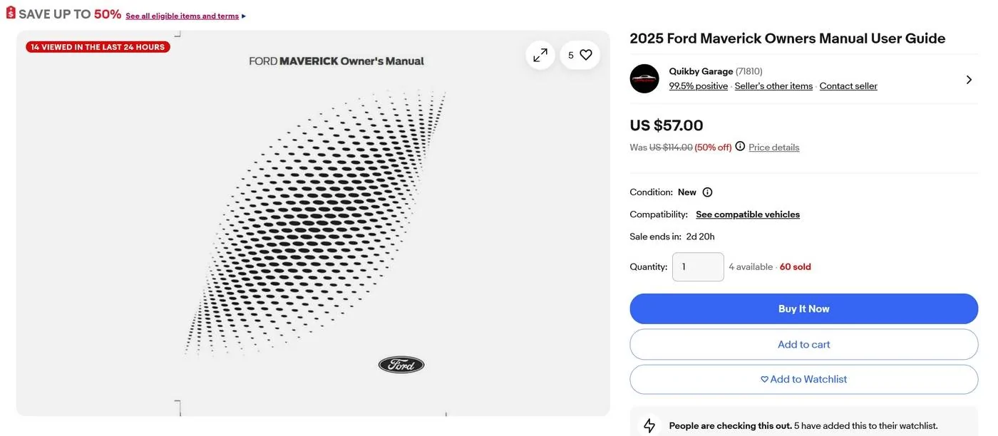 Ford Maverick 2025 Printed Manual for Glovebox 25-manual