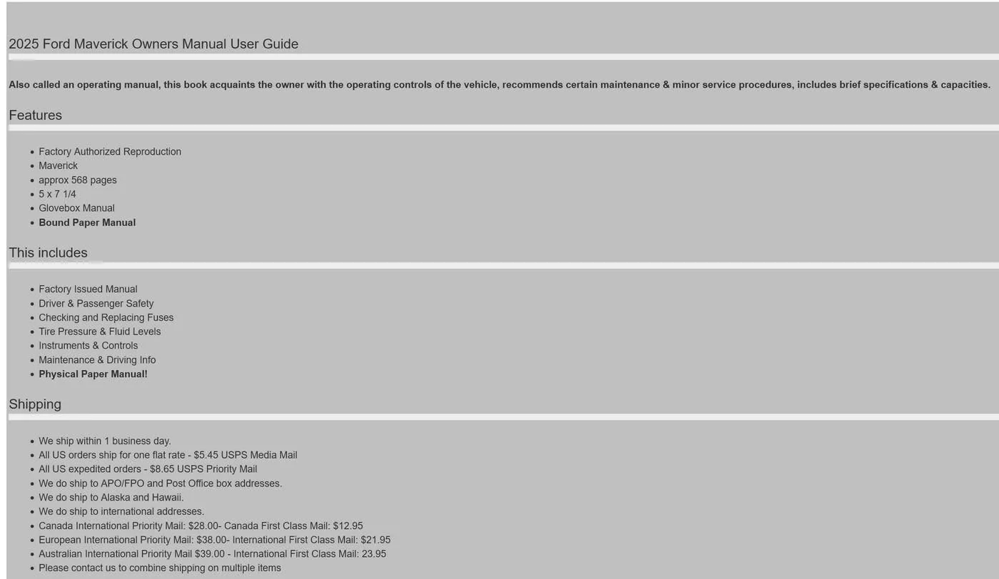 Ford Maverick 2025 Printed Manual for Glovebox 25-manual2