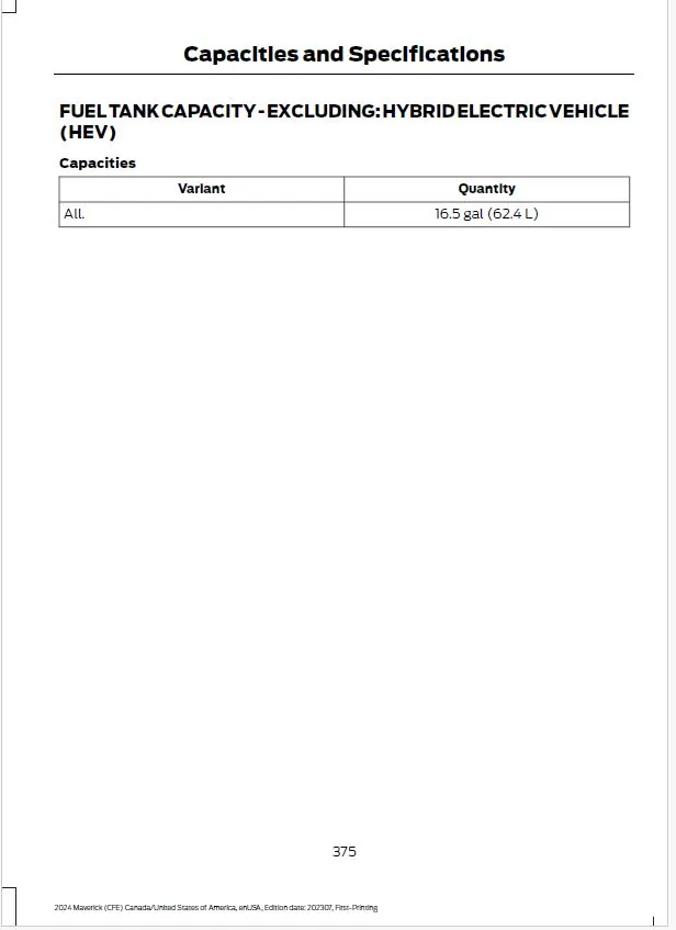 Ford Maverick 2025 Printed Manual for Glovebox FuelCapacity