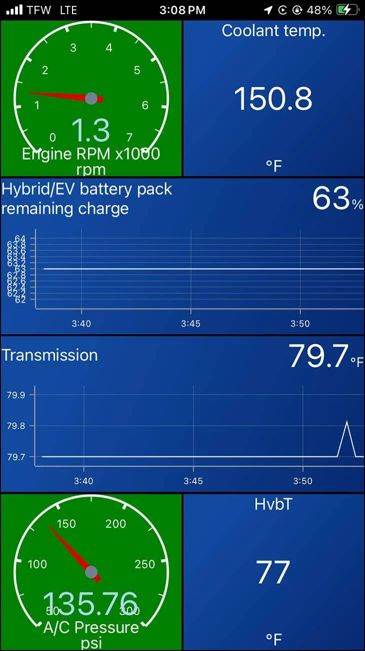 Ford Maverick Monitoring engine / transmission / battery / HVAC parameters using Car Scanner 20250329_190858000_iOS