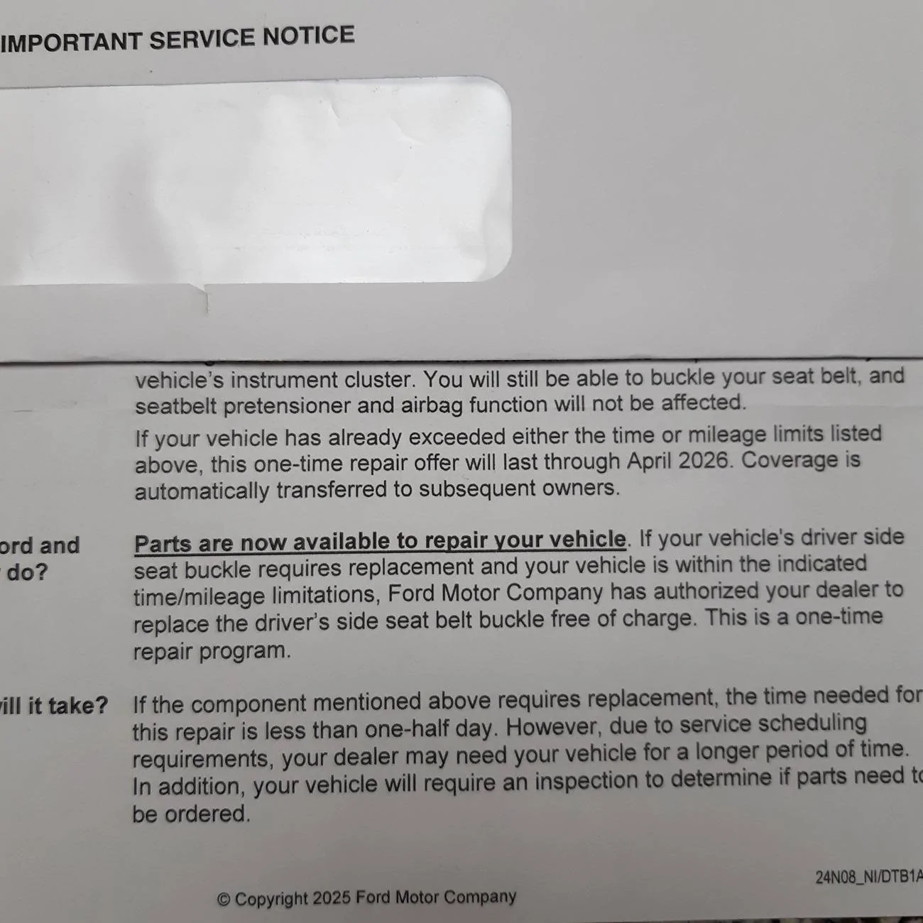 Ford Maverick Seat belt buckle recall 20250402_061759