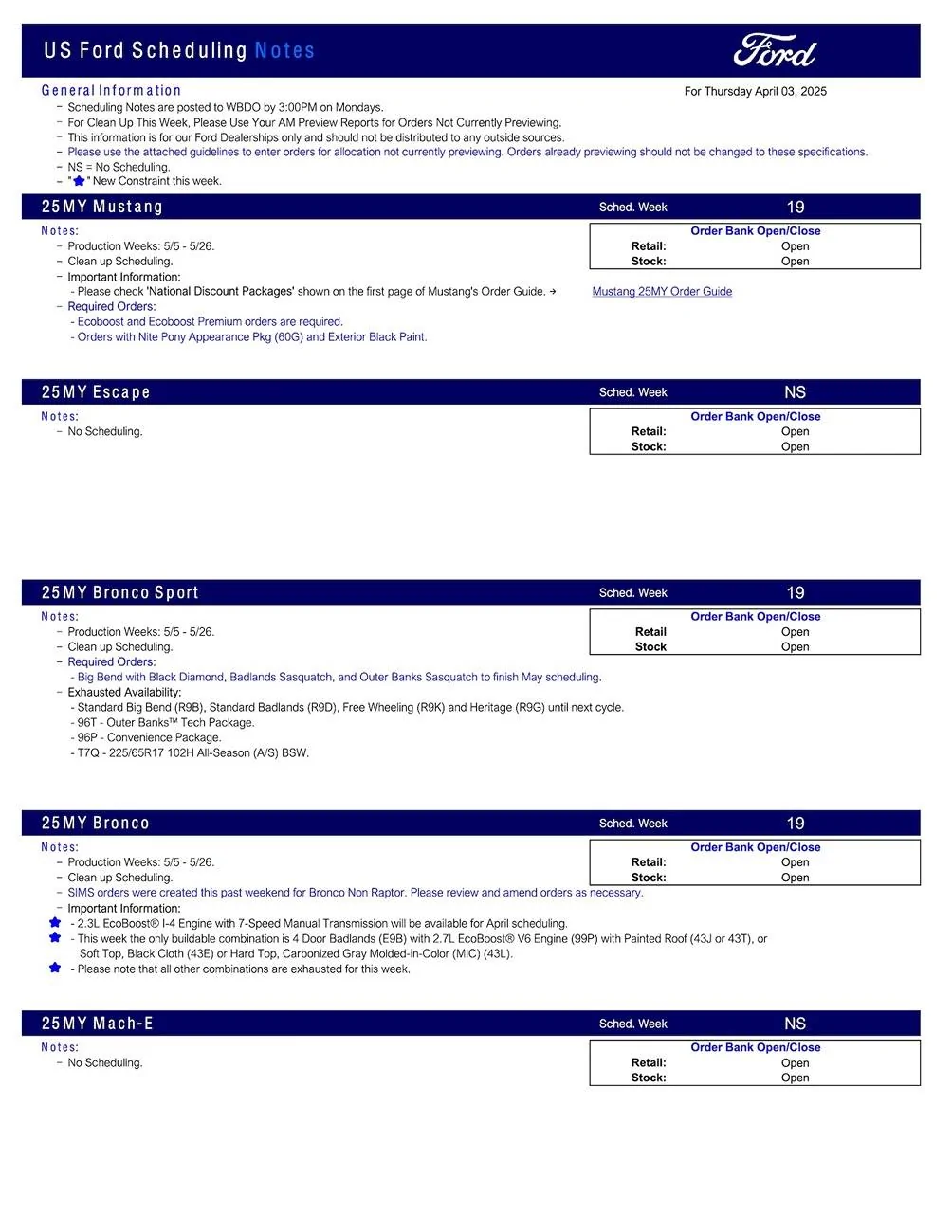 Ford Maverick 2025 Maverick Scheduling This Week (4/3/25) for Production Weeks 5/5 - 5/26 US Ford Scheduling Notes - 4.01.25-1