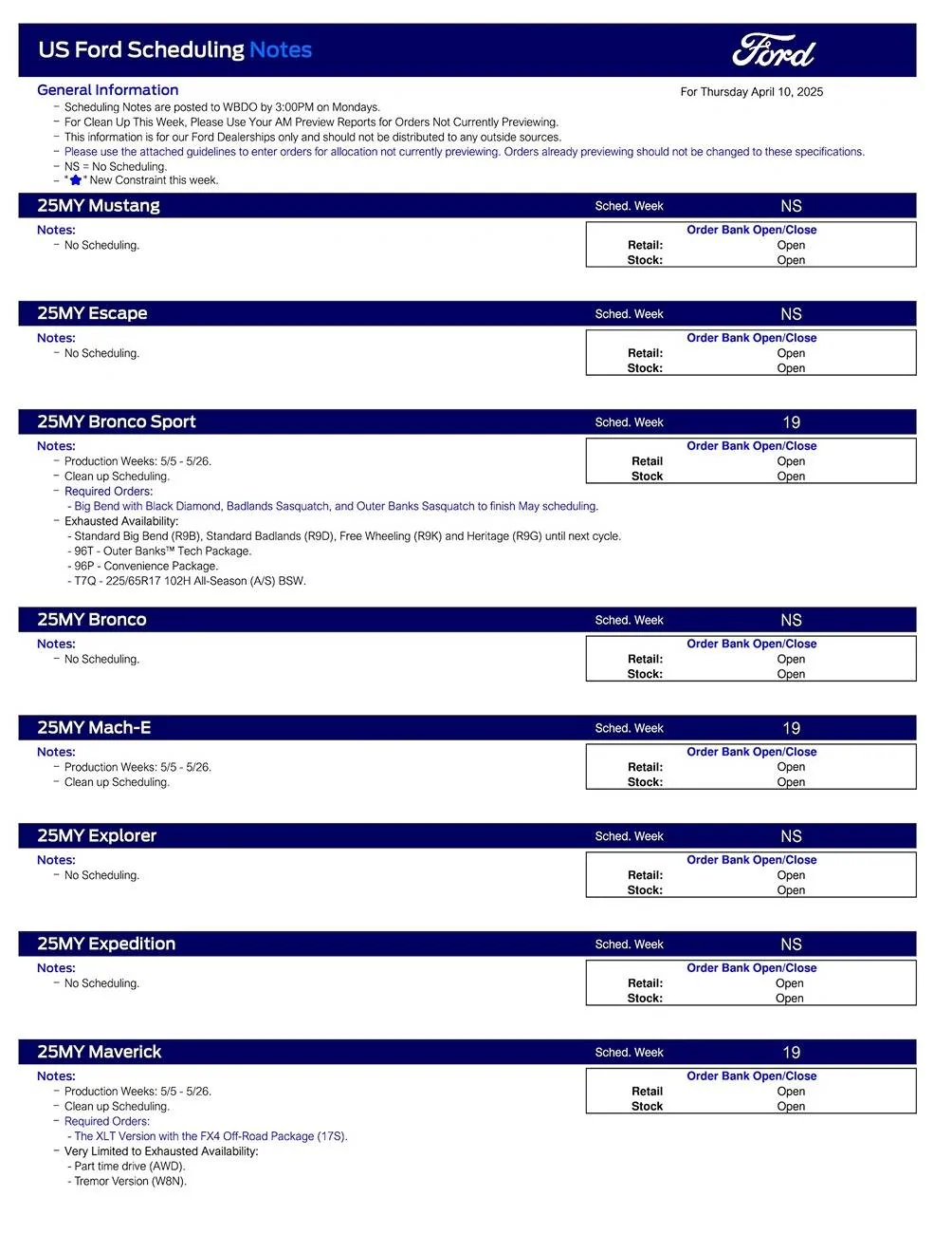 Ford Maverick 2025 Maverick Scheduling This Week (4/10/25) for Production Weeks 5/5 - 5/26 US Ford Scheduling Notes - 4.08.25-1