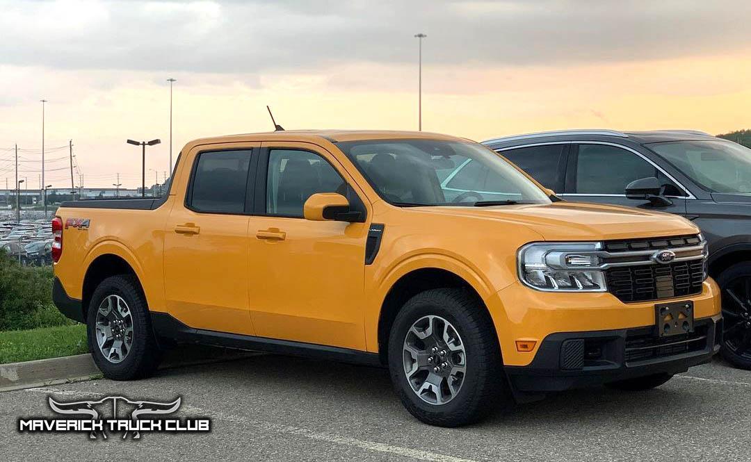 Ford Maverick Best Looks Yet at 2022 Maverick in Cyber Orange [Lariat FX4]. Front License Plate Holder Shown Cyber Orange 2022 Maverick Lariat FX4 1
