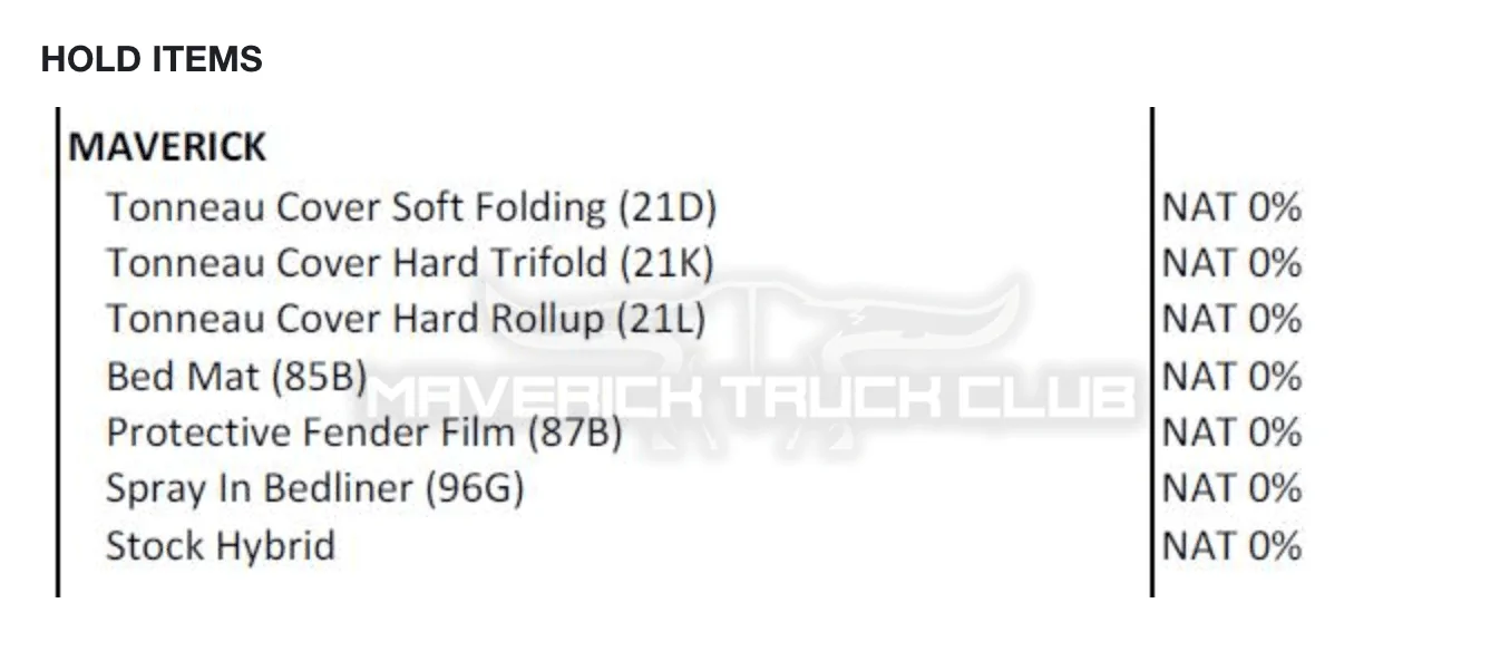 Ford Maverick Current 2022 Maverick Options Hold Items / Commodities Constraints According to Dealer. The Waiting Game Sucks!!! 2022 Maverick hold commodities constraints