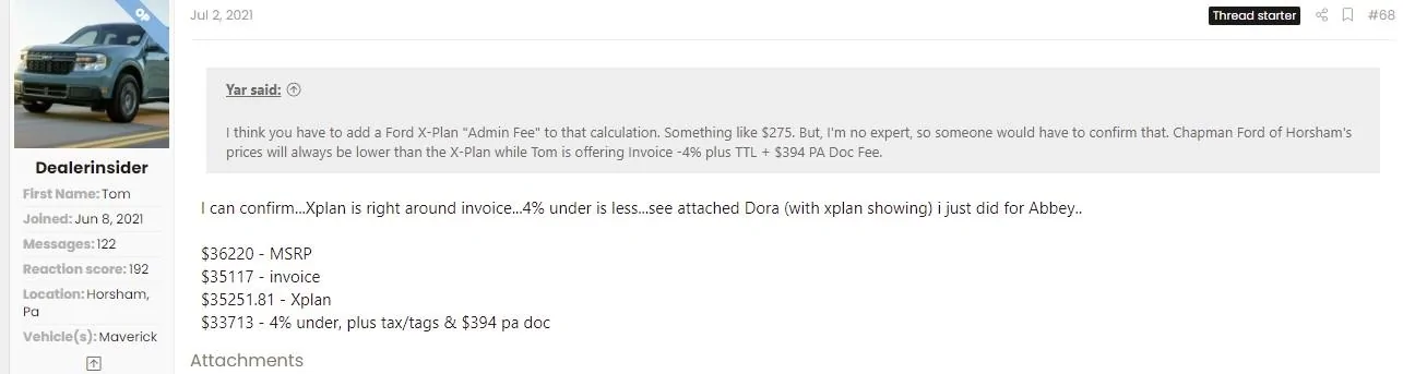Ford Maverick A/Z Plan question, anyone know how much the advertising and holdback fees are? q