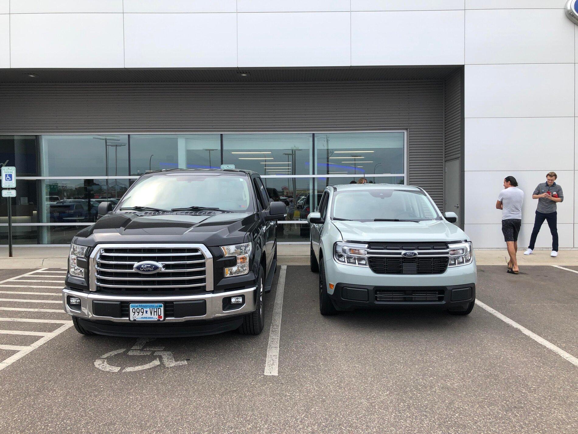Ford Maverick Pics: Maverick Lariat in Cactus Gray - Next to F150, Interior, Engine Compartment, Spare Tire, Undercarriage 2022 Maverick vs F-150 Size Comparison Side by Side