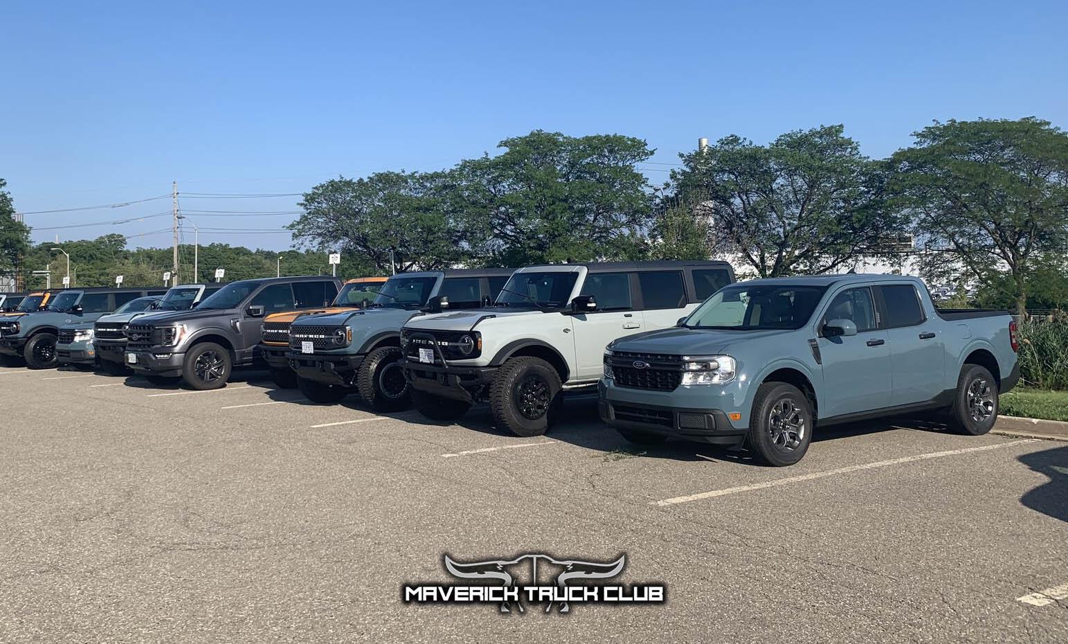 Ford Maverick 2022 Maverick colors compared in lineup featuring: Cyber Orange, Alto Blue, Hot Pepper Red, Area 51, Cactus Gray Area 51 Maverick XLT vs 2021 Bronco 2-3
