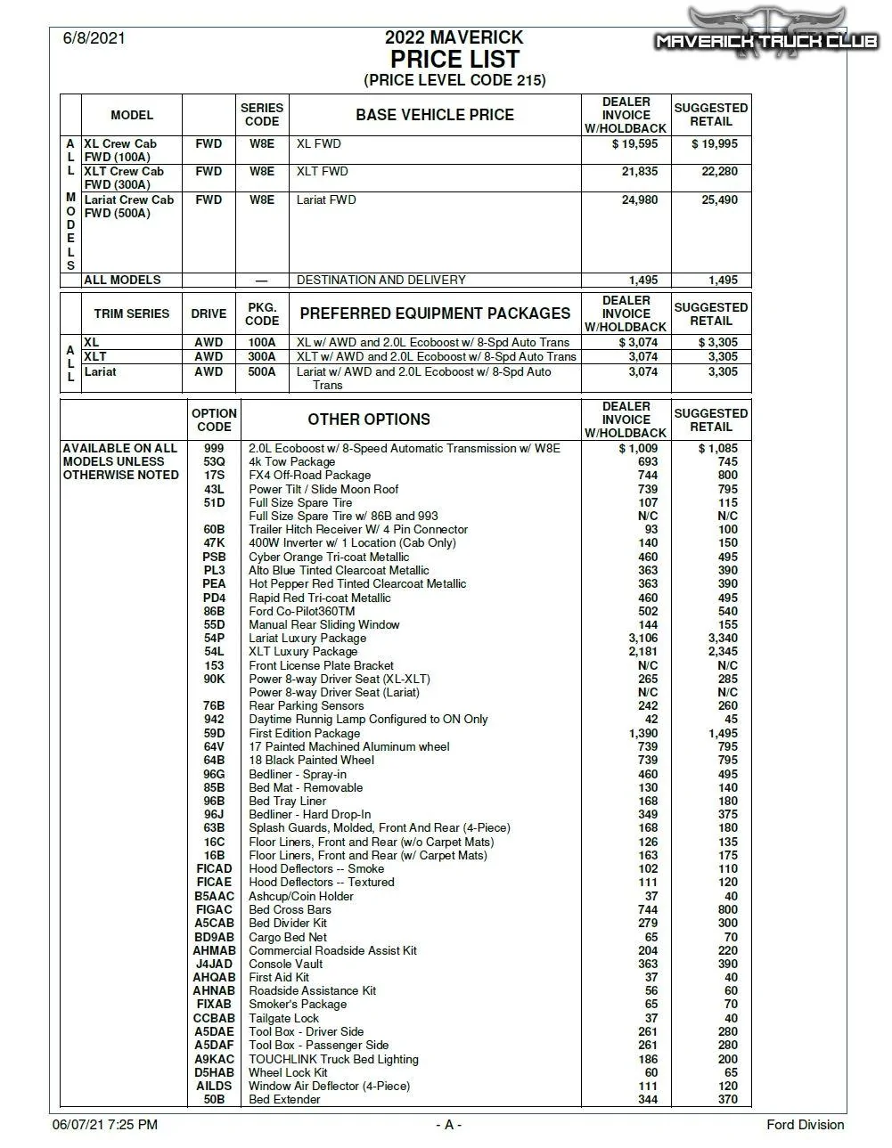 2022 Ford Maverick Price List.JPG