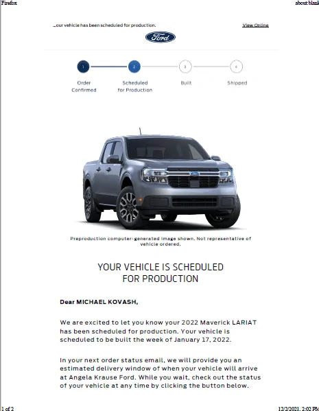 Ford Maverick 📣 12/2 Scheduling Email Received Group [Emails Arriving!!] LariatNotic
