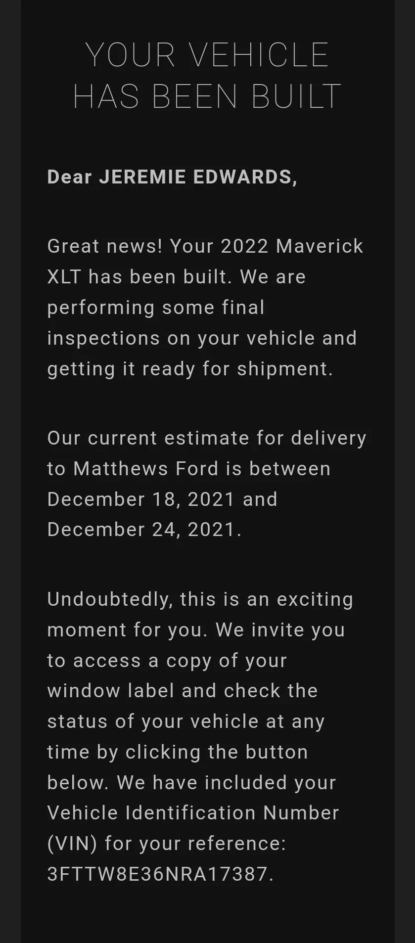 Ford Maverick Realistic expectations for my Hybrid delivery date? Screenshot_20211202-053813_Gmail