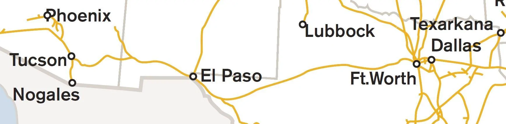 Ford Maverick Map of Union Pacific rails UP Tucson to Dallas