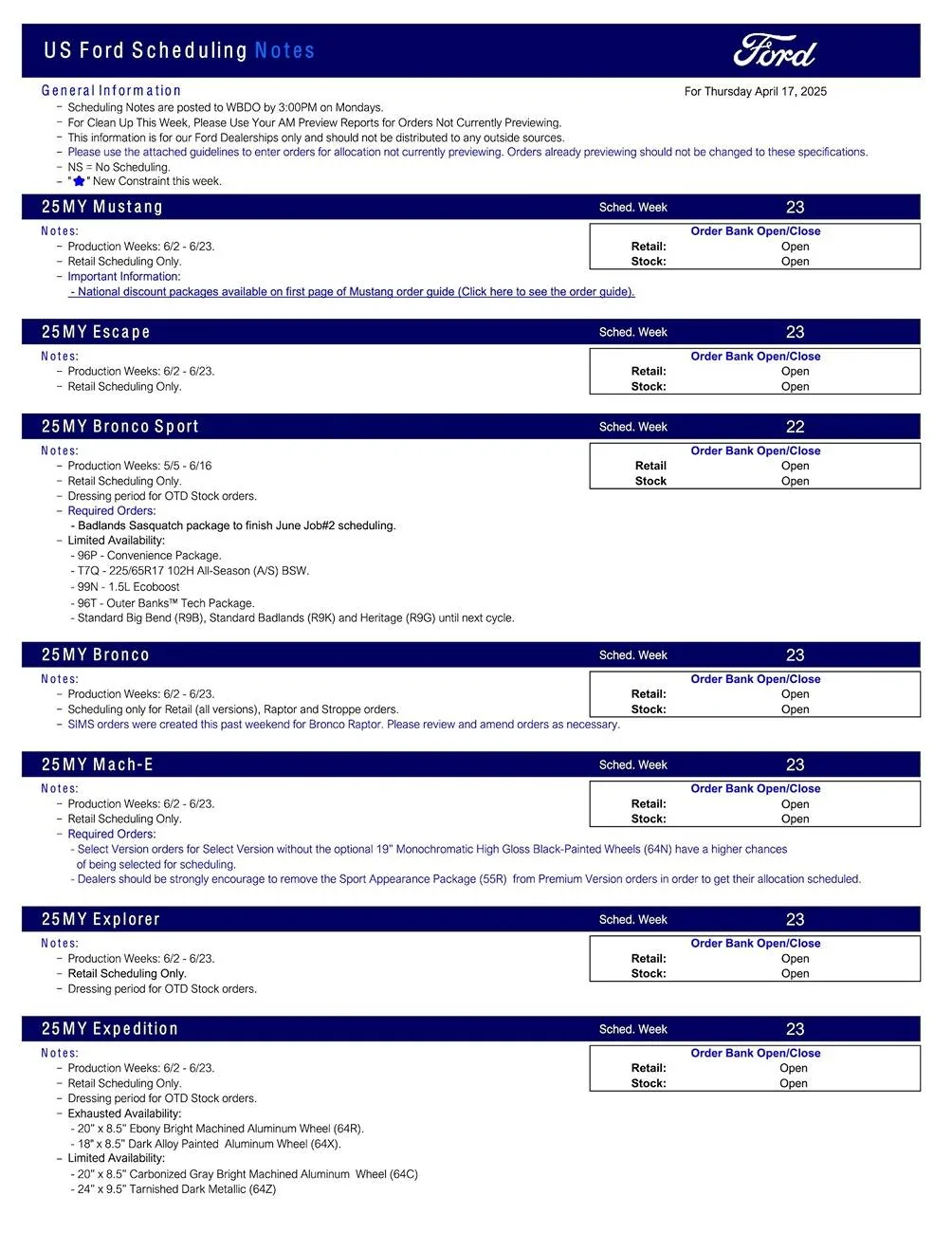 Ford Maverick 2025 Maverick Scheduling This Week (4/17/25) for Production Weeks 5/15 - 6/16 US Ford Scheduling Notes - 4.15.25-1