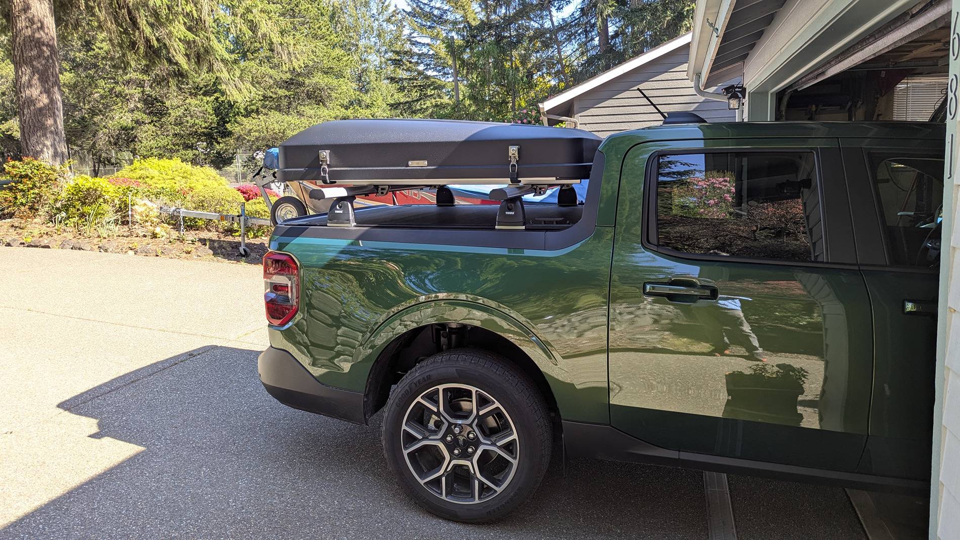 Ford Maverick RTT iKamper roof top tent with Thule Aerobars over a BAK Revolver X4S with tracks. PXL_20250422_230356698