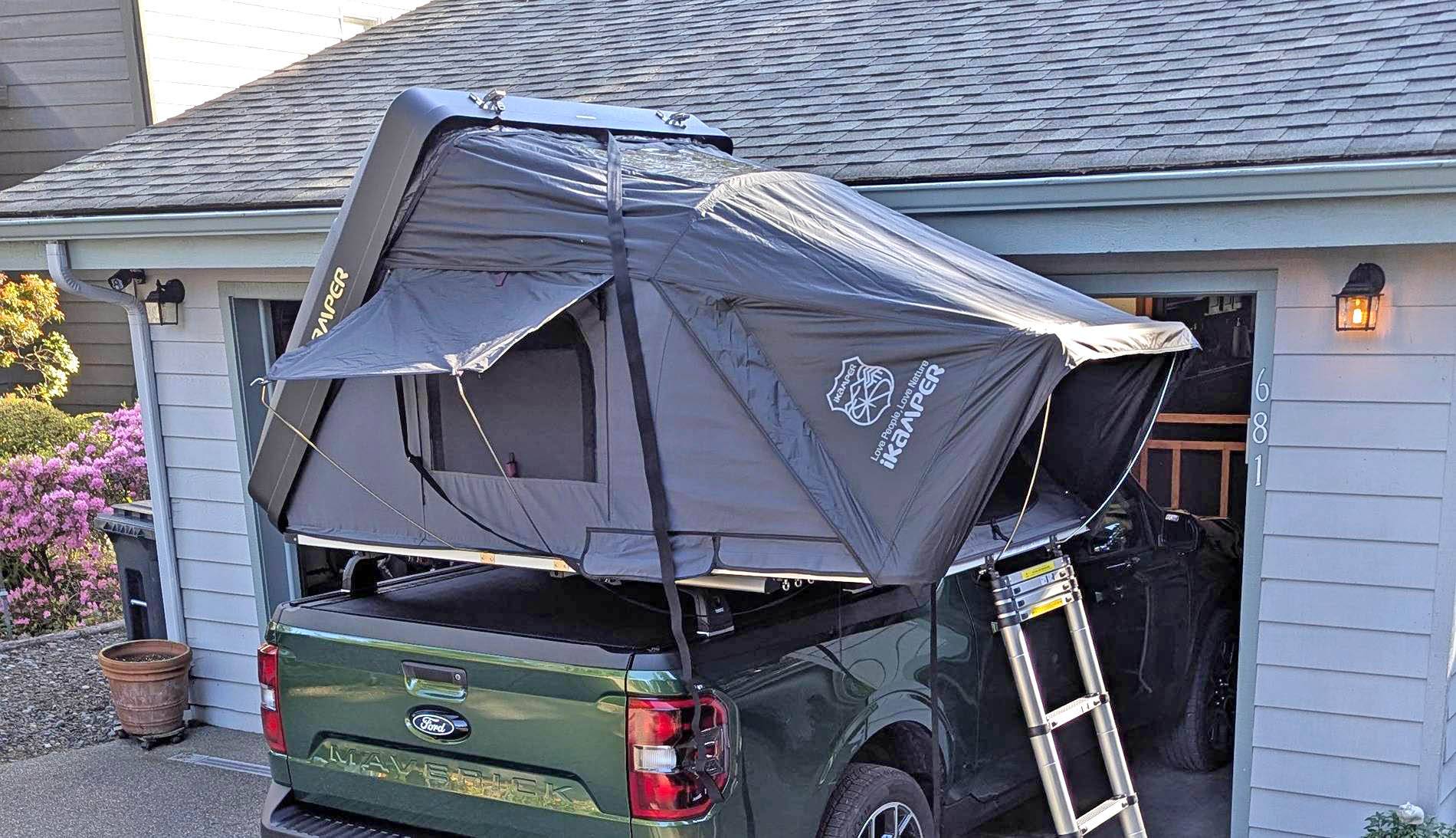 Ford Maverick RTT iKamper roof top tent with Thule Aerobars over a BAK Revolver X4S with tracks. PXL_20250423_003914256