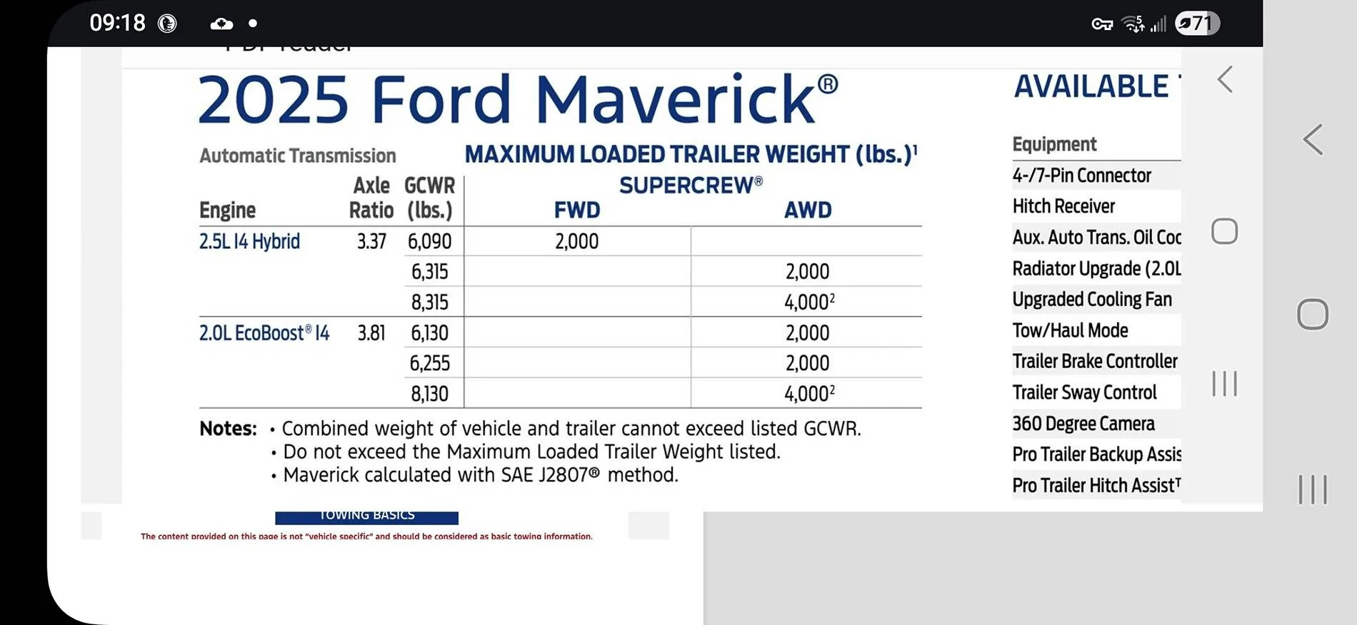 Ford Maverick Maverick Tow Capacity, how do you figure that out? Screenshot_20250524_091828_Chrom
