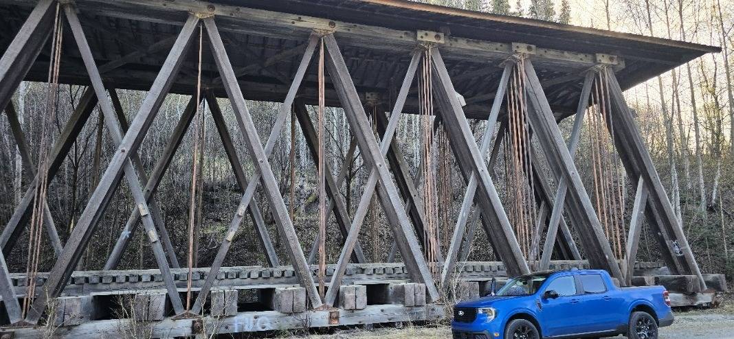 Ford Maverick VELOCITY BLUE Maverick Photos Thread Next to old wooden Railroad bridge 20250511_193006[1].JPG