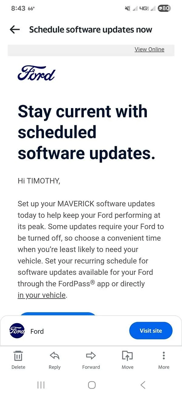 Ford Maverick Ford software update email. Screenshot_20250602_204336_Yahoo Mail