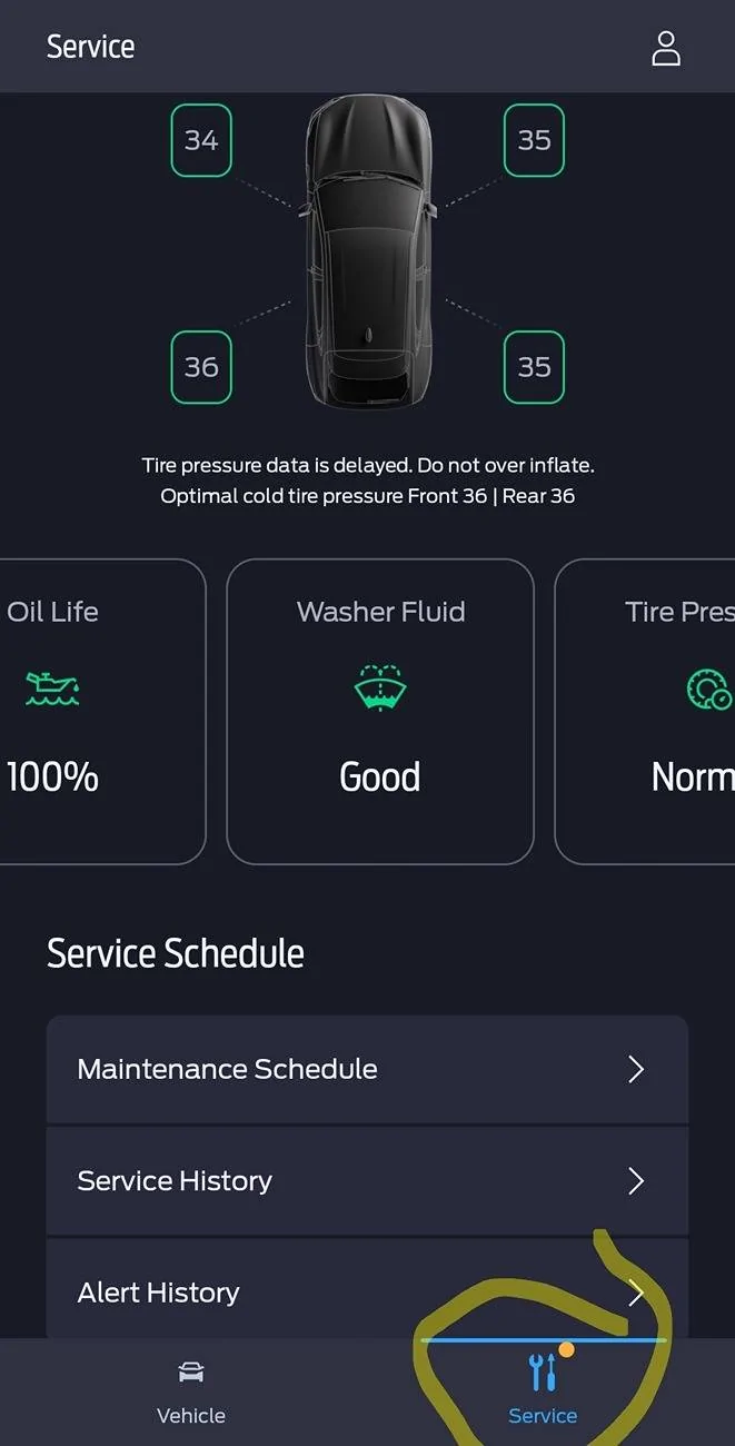 Ford Maverick FordPass app and orange dot on "Service" tab Screenshot_20250605_065741_FordPass