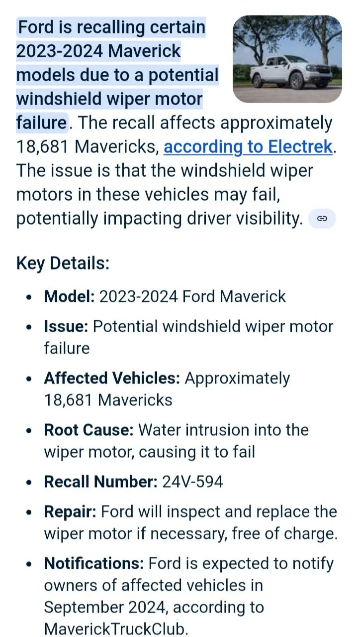 Ford Maverick Windshield Wipers Quit while driving in the rain. 20250611_133712