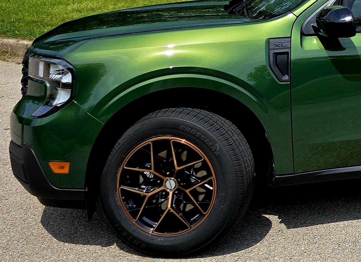Ford Maverick Black Rhino Gold Boxer Wheels on White '25 Lariat 20250515_143225(1)(1)