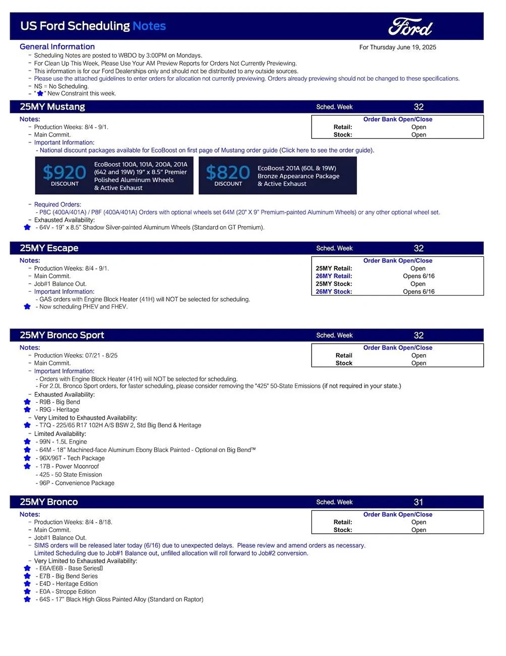 Ford Maverick 2025 Maverick Scheduling This Week (6/19/25) for Production Weeks 7/21 - 8/25 US Ford Scheduling Notes - 6.17.25-1