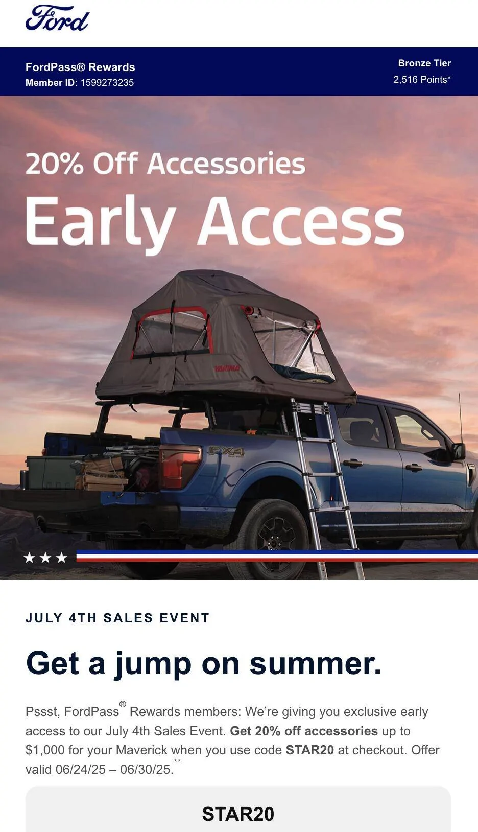 Ford Maverick 20% off Code for Ford Accessories: STAR20 Ford Discount