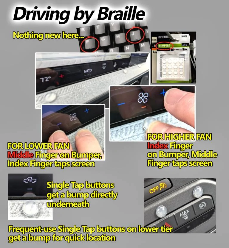 Ford Maverick Driving by Braille: Stick-on tactile bumps to help locate & operate touch controls DriveByBraille-2-June25