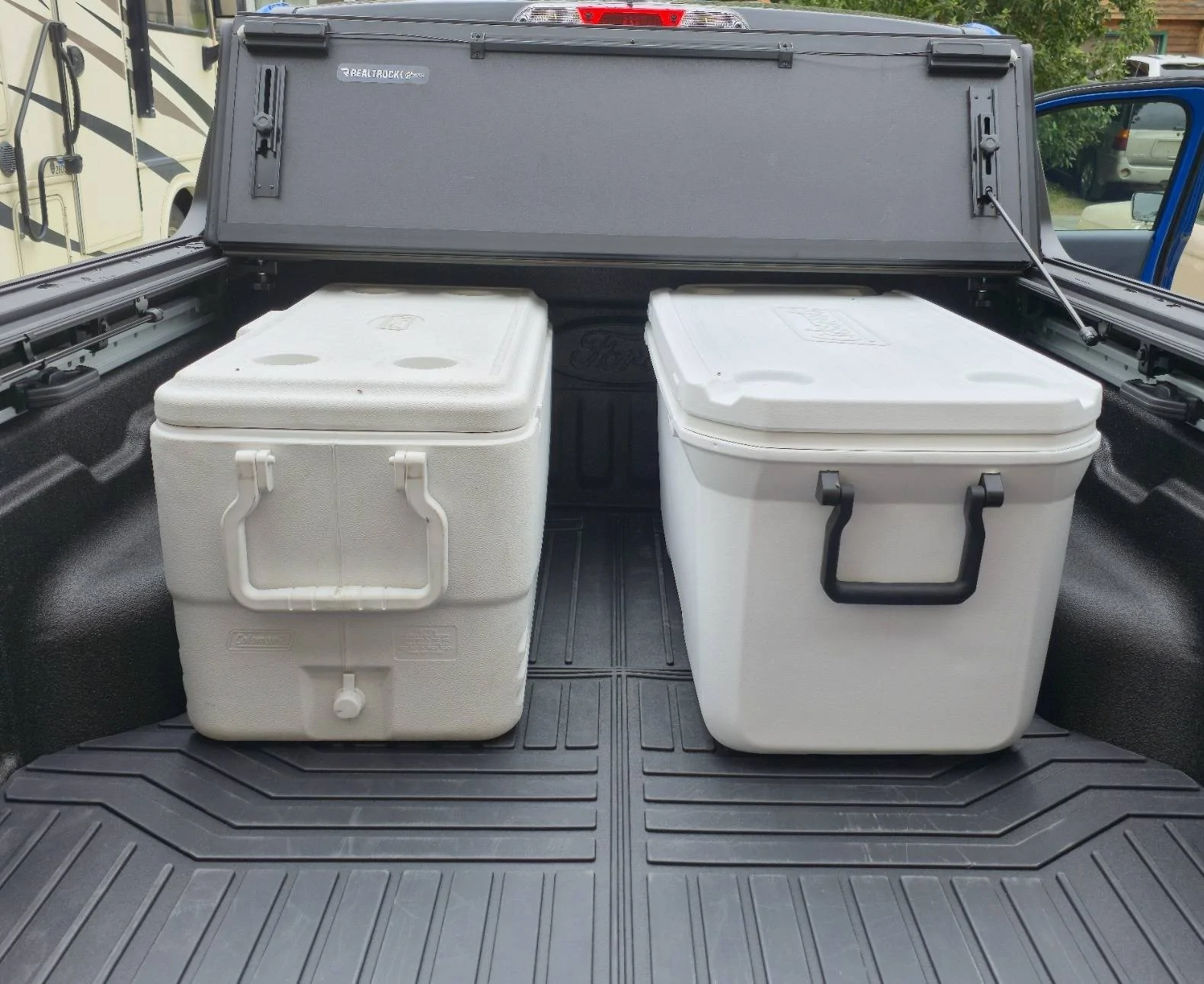 Ford Maverick Bed storage mistake? Bed mat b w coolers 20250630_164438[1]