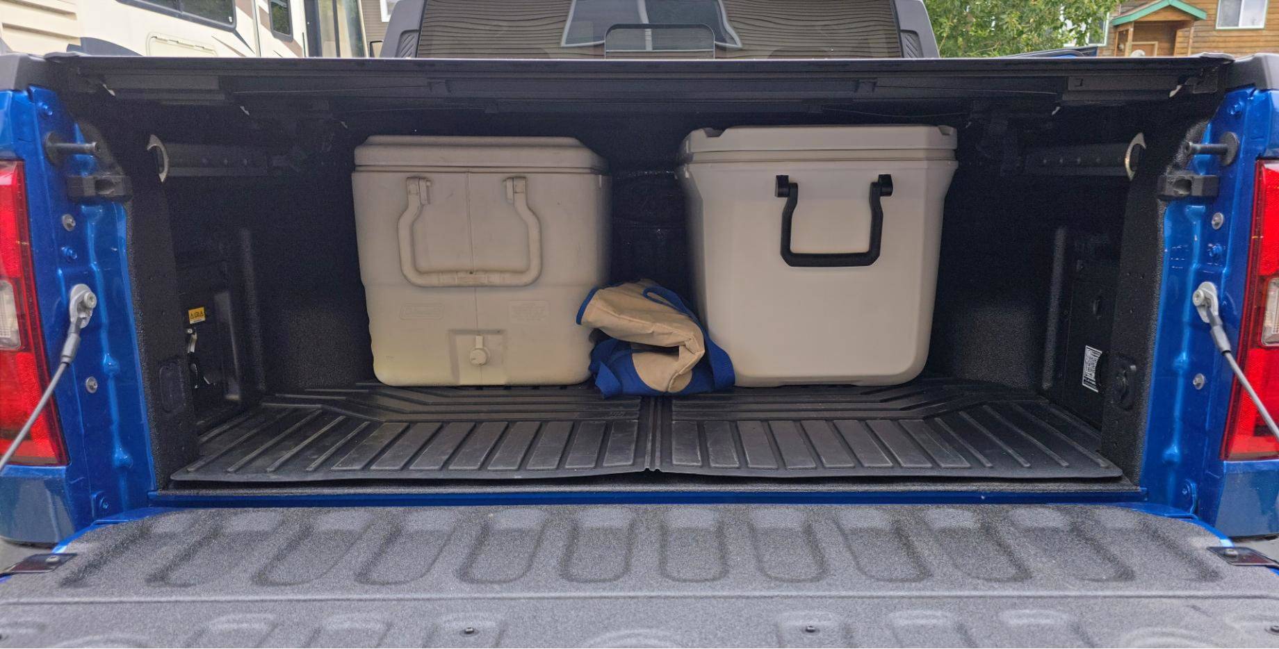 Ford Maverick Bed storage mistake? Bed mat c w coolers 20250630_164728[1].JPG