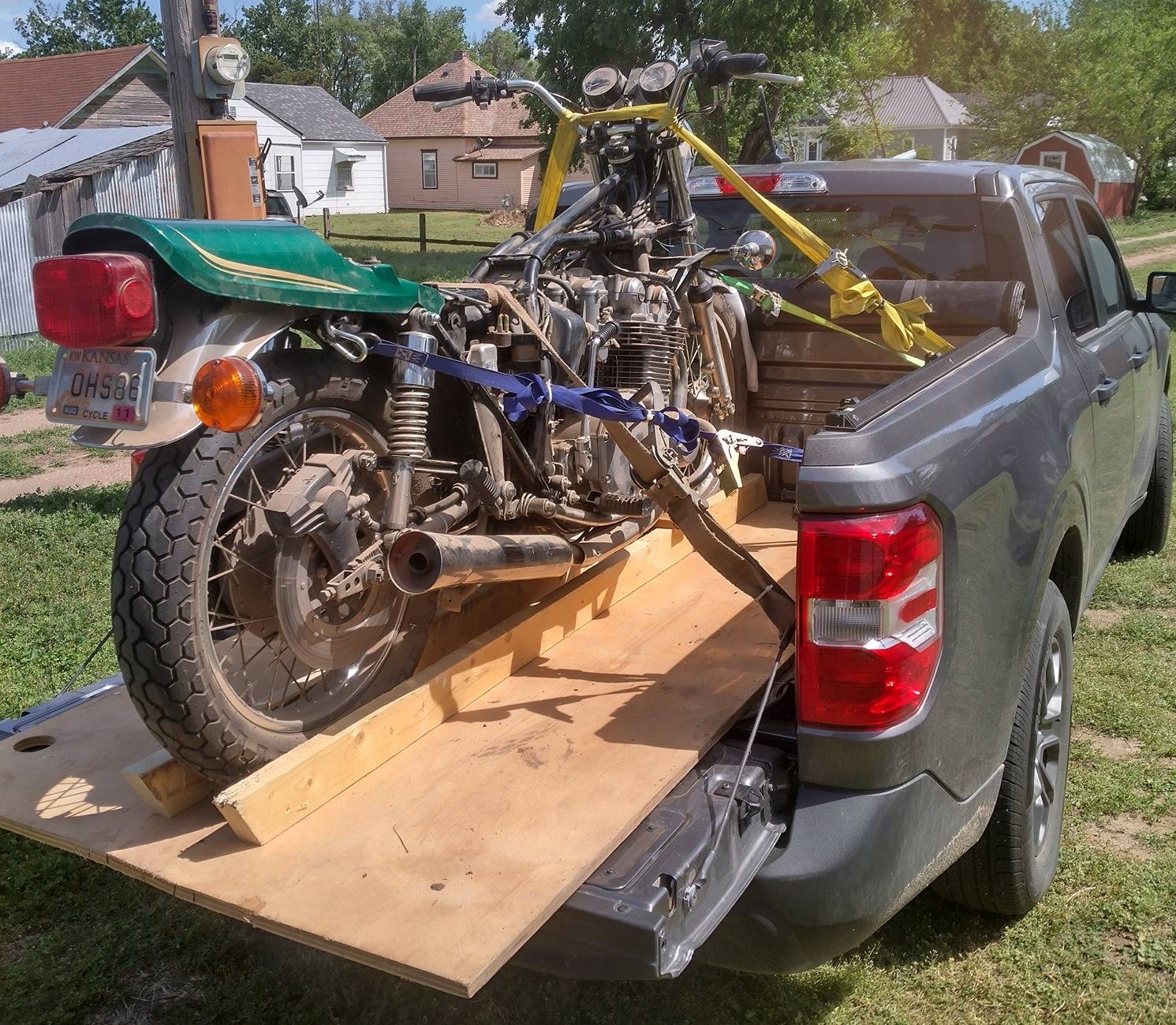 Ford Maverick 2 Motorcycles in back of bed IMG_20250501_152508_HDR