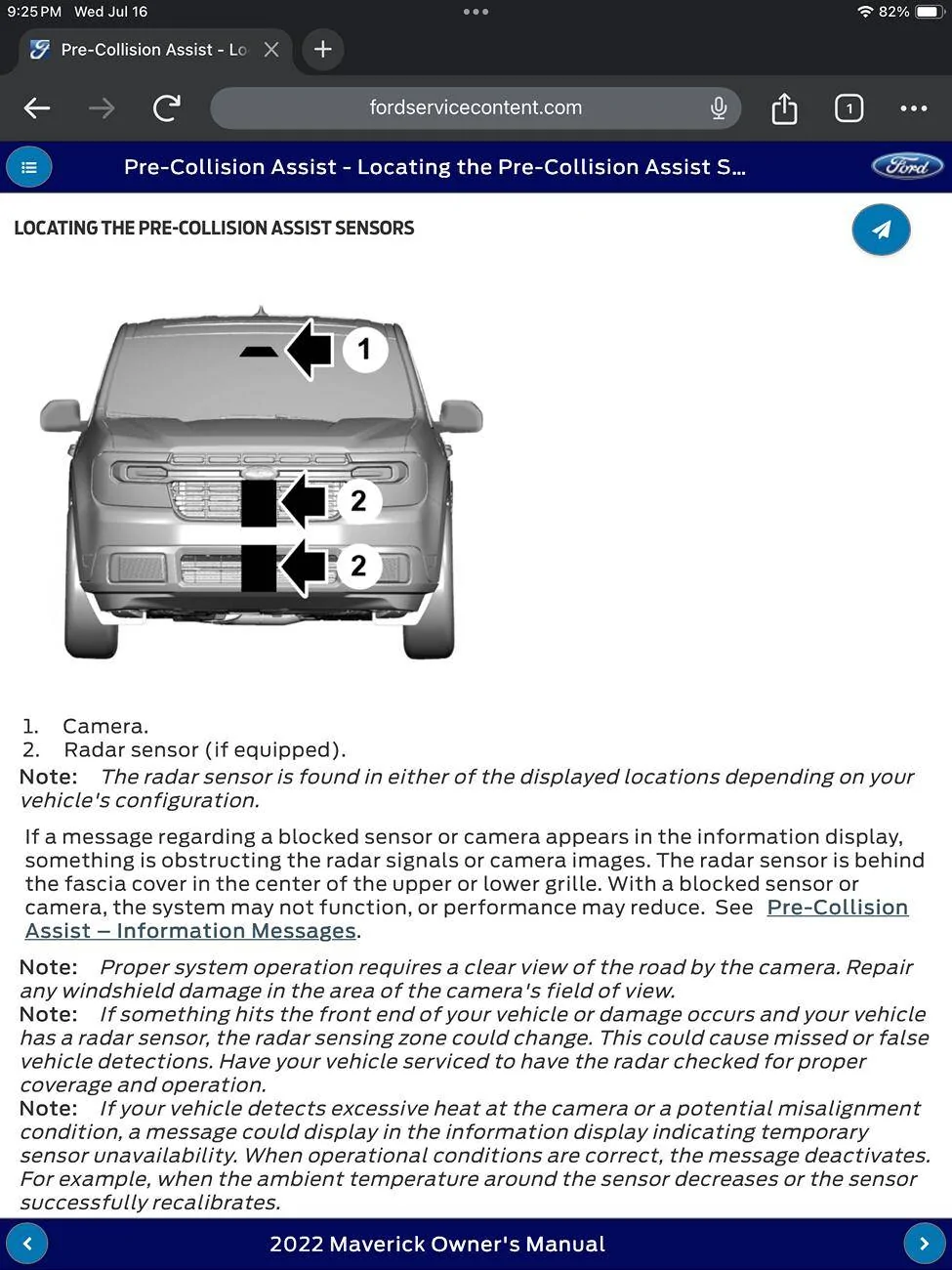 Ford Maverick Pre Collision Assist Not Available Warning Light IMG_0648
