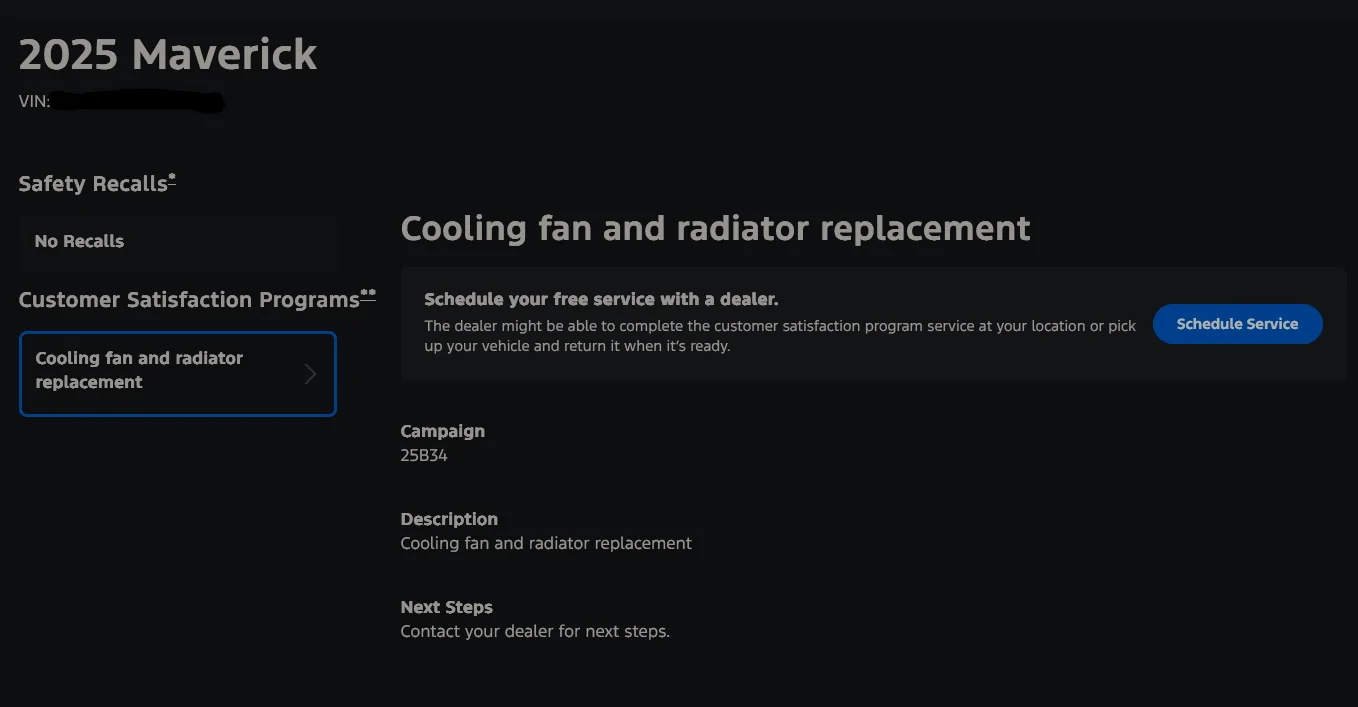 Ford Maverick Recall 25B34 : Radiator & Fan Replace - 2025 Maverick Lobo 1754681269424-xh