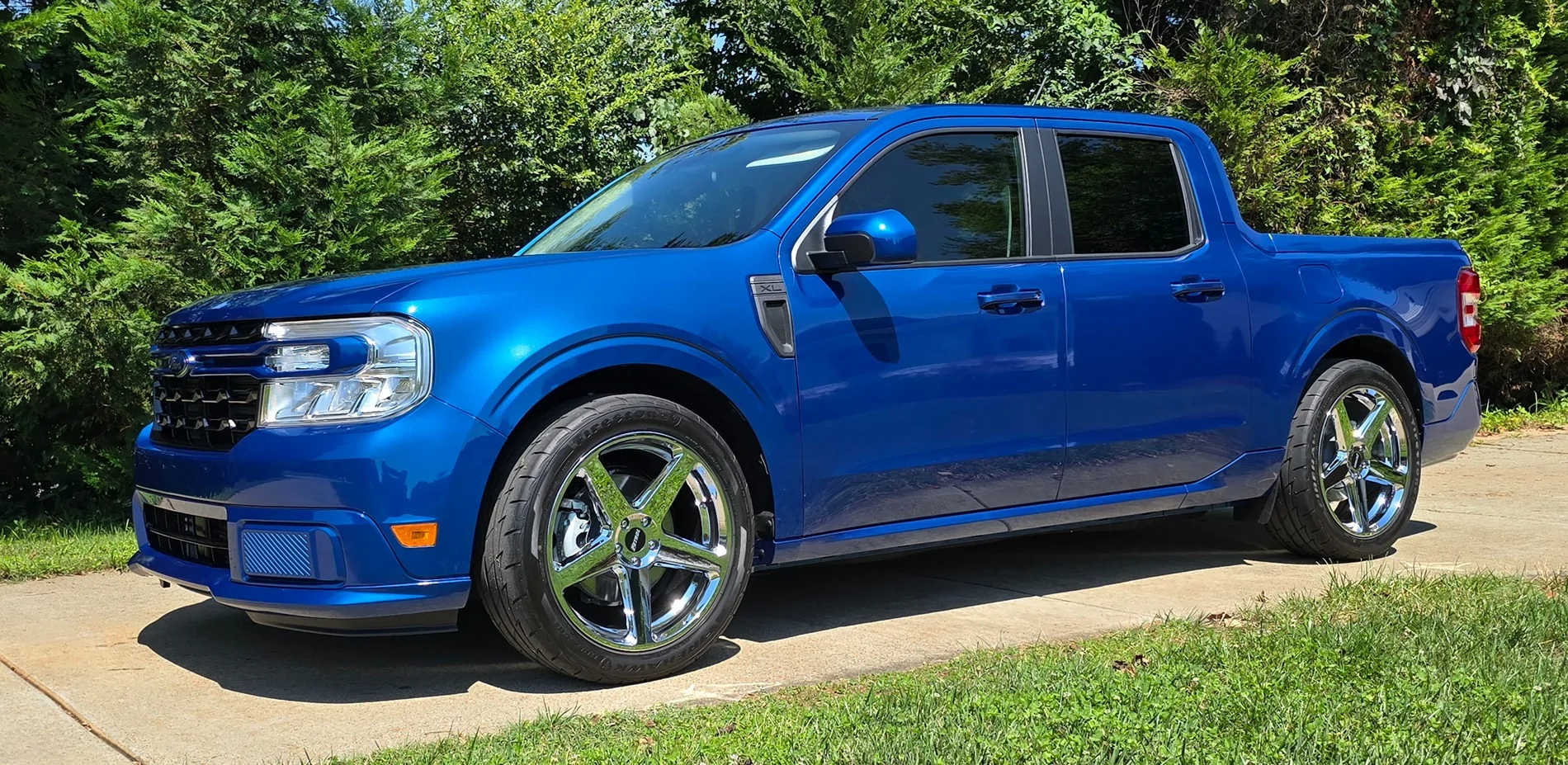 Ford Maverick New member.  2024 Maverick Atlas Blue.  Lowered on 20's 20250830_134556