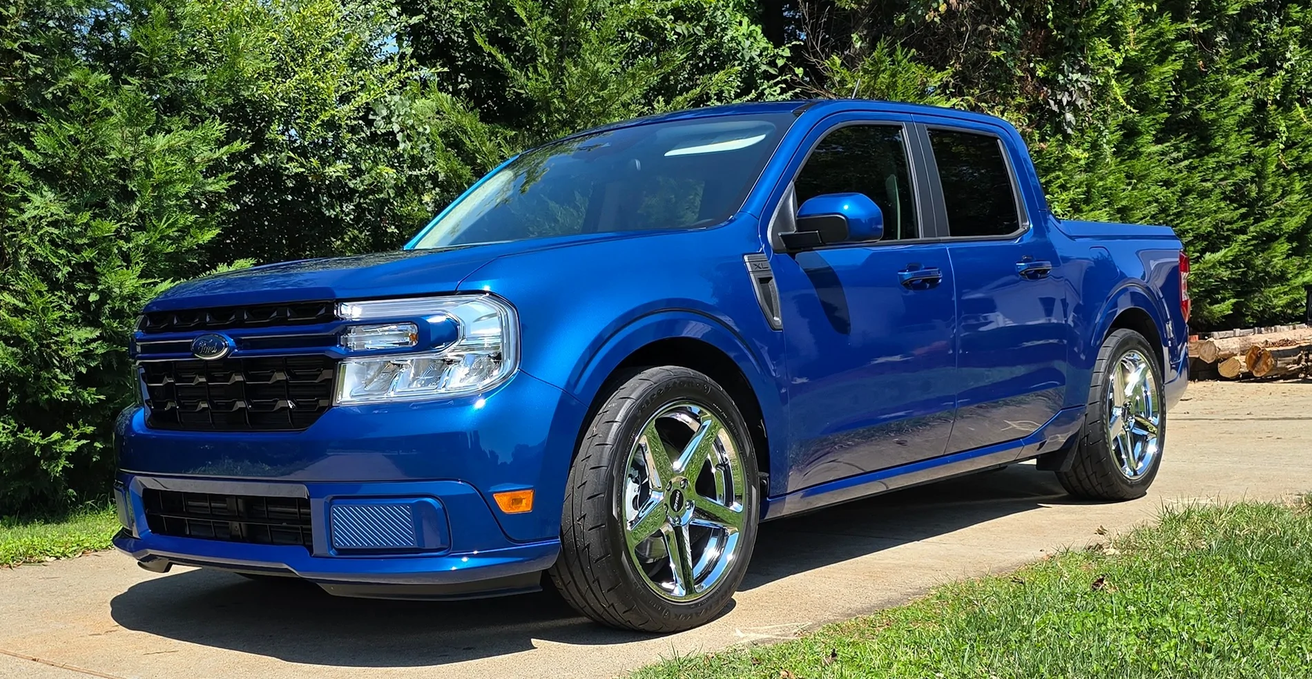 Ford Maverick New member.  2024 Maverick Atlas Blue.  Lowered on 20's 20250830_134550