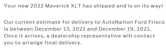 Ford Maverick My Maverick Hybrid has Shipped - with Inroute Details Dec 13th to 19th