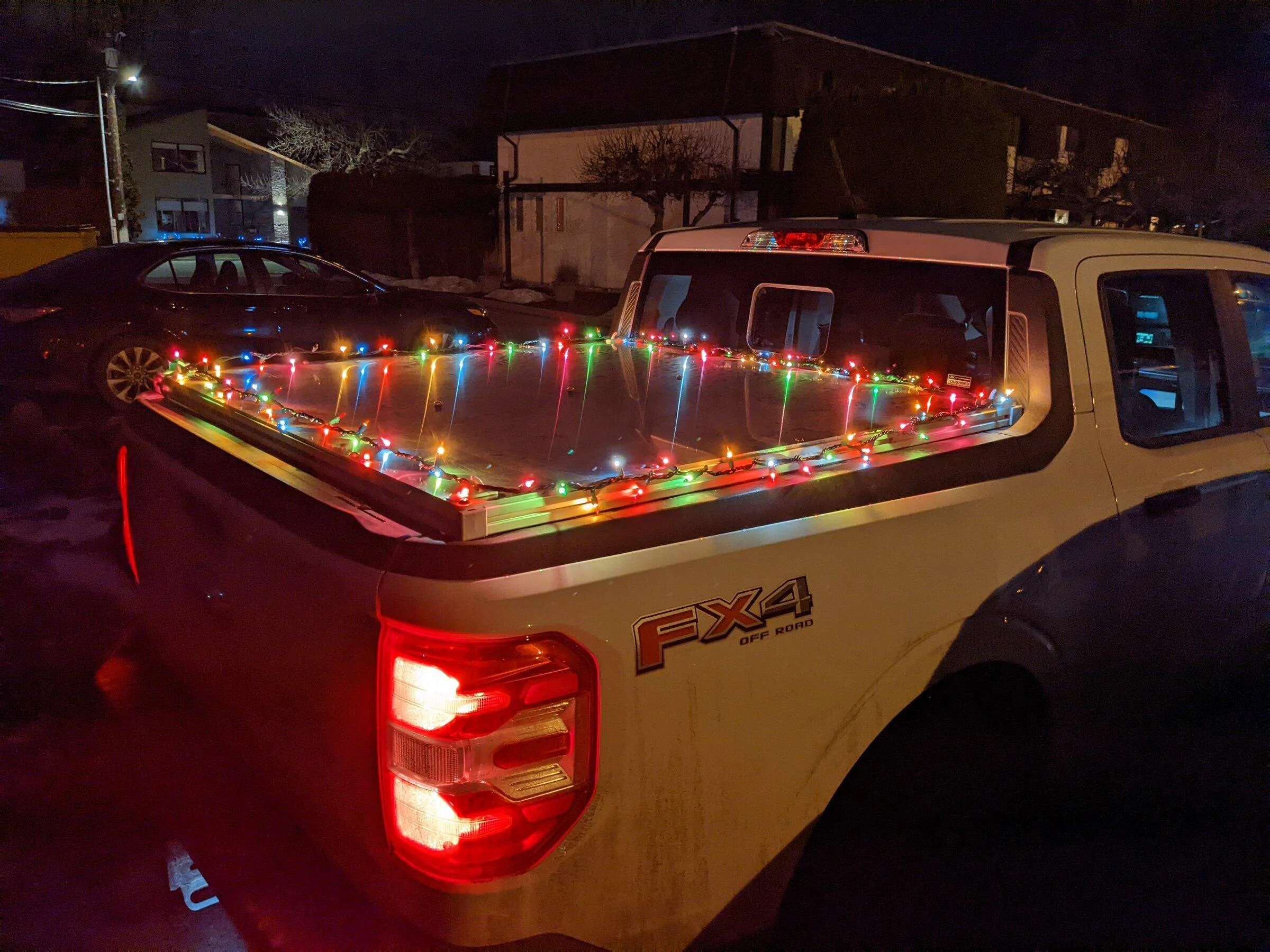 Ford Maverick Outlet in bed powering holiday cheer (Christmas lights) PXL_20211213_040111838