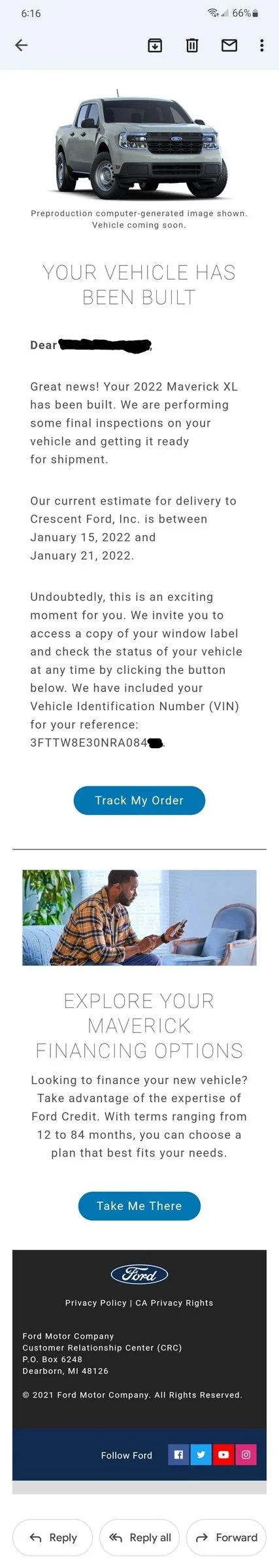 Ford Maverick Finally!  Got the built email for my hybrid -  exactly 6 months after ordering! BlkDec13