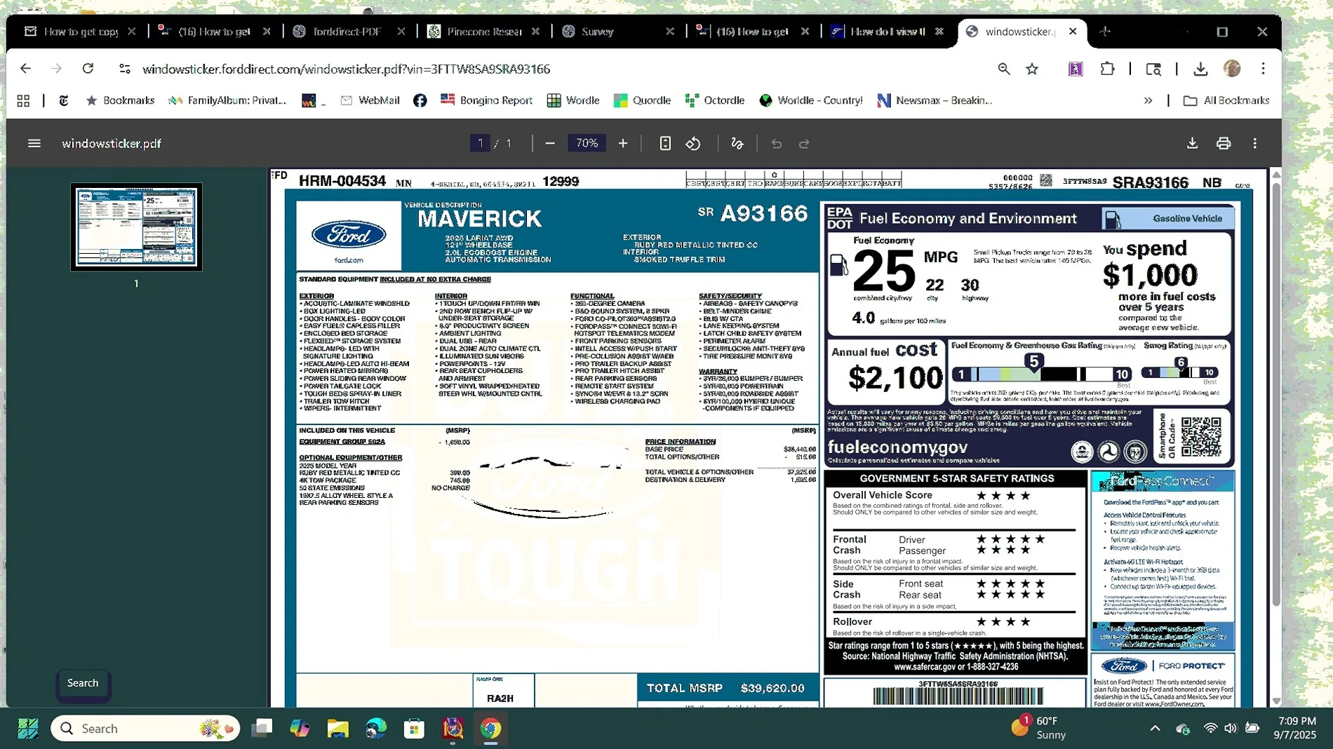 Ford Maverick How to get copy of Original Window Sticker ? screen