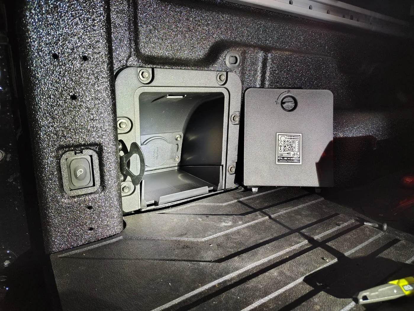 Ford Maverick Driver's side bed cubby with AC outlet on the inside IMG_20251010_222726145_HDR
