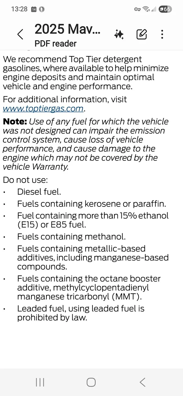 Ford Maverick Cali shifting to 15% ethanol in gas Screenshot_20251014_132815_Samsung Notes